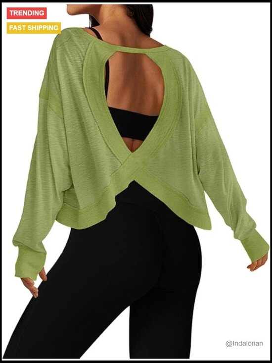 Tops - Long Sleeve Crop Top Open Back Workout Athletic T-Shirt